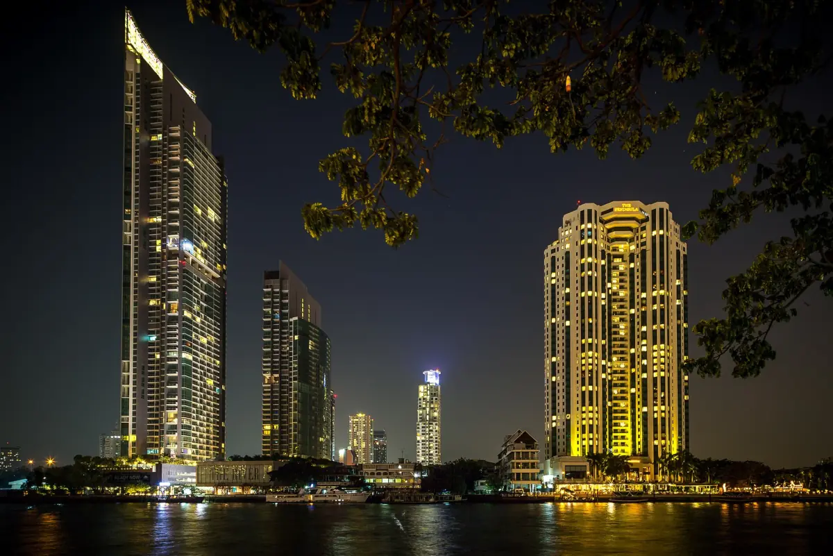 Riverside buildings in Bangkok at night